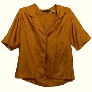 Vintage blouse t-shirt button up silk look with collar burnt orange petite med.